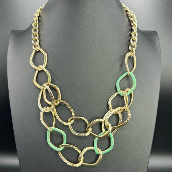 Women Hammered Texture Gold Tone Double Strand Curb Chain Statement Necklace - Picture 1 of 5